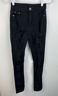BOB Jeans Womens Jrs Size 3/4 Skinny Stretch Black Distressed Ripped Denim Jeans